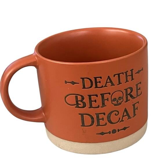 Time & Place Ceramic Mug 16 oz. Death Before Decaf Coffee Orange Fall Goth Skull - Picture 4 of 6